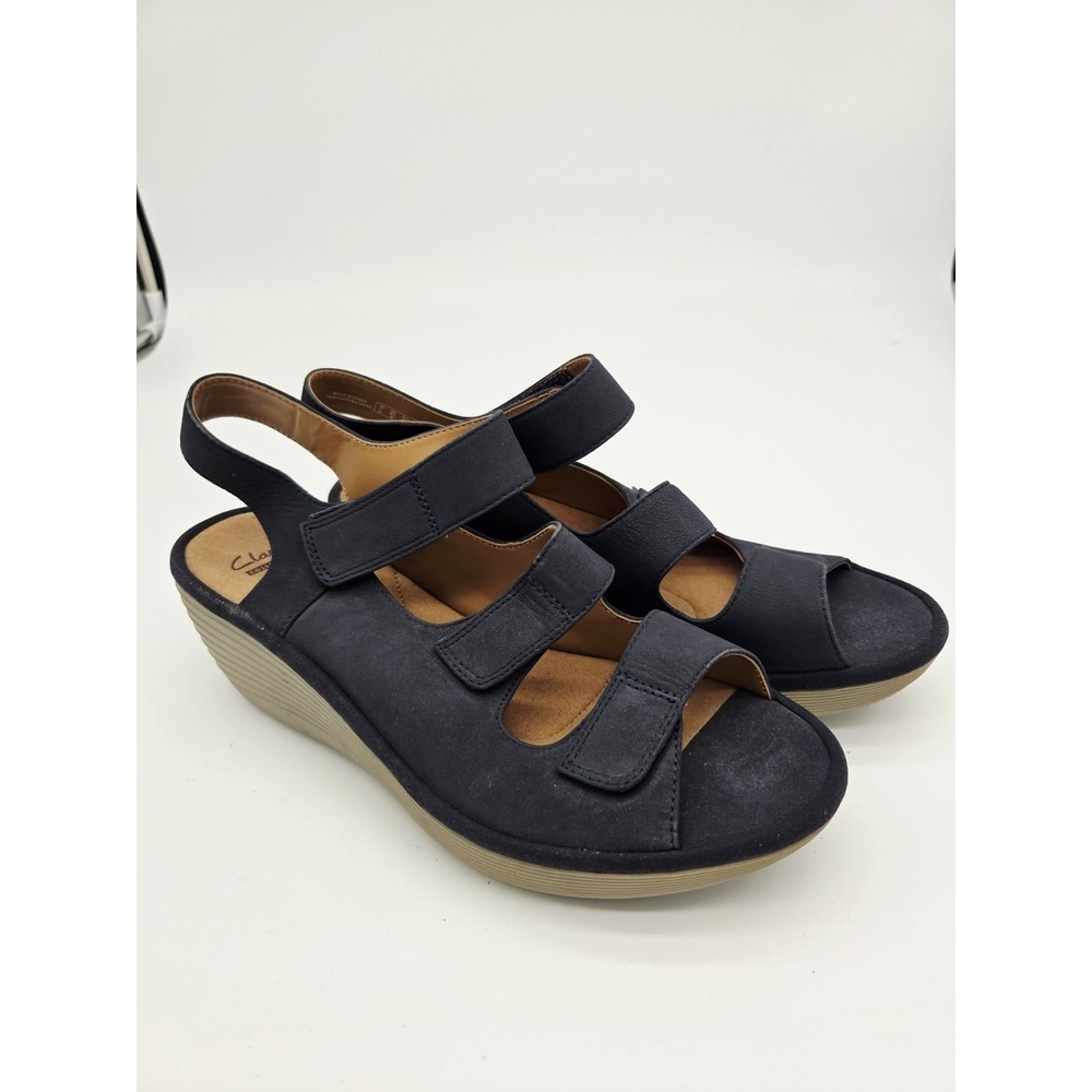 Clarks Reedly Juno Soft Cushion Navy  Wedge Sandal Sz 9.5 Adjustable Strappy NEW